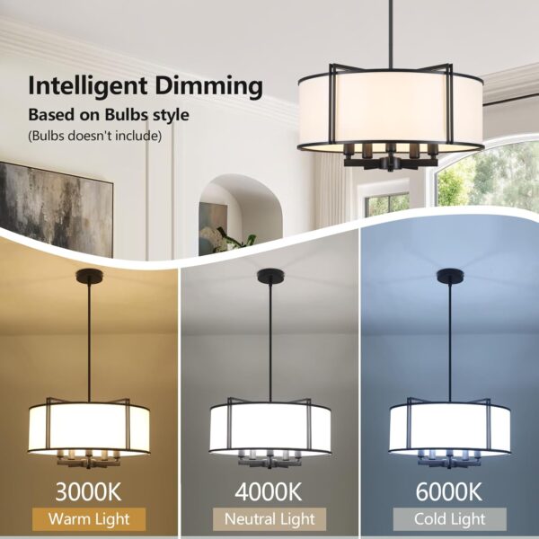 19.6'' Black Drum Chandelier 5-Light Modern White Fabric Chandeliers for Dining Room Adjustable Farmhouse Pendant Light Fixture for Kitchen Island Living Room Bedroom - Image 6
