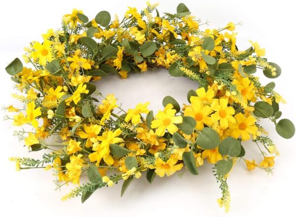 J'FLORU Artificial Spring Wreath 22 Inch Summer Wreaths for Front Door Yellow Daisy Wreath for Indoor Outdoor Home Decor and Easter Celebration - Image 3