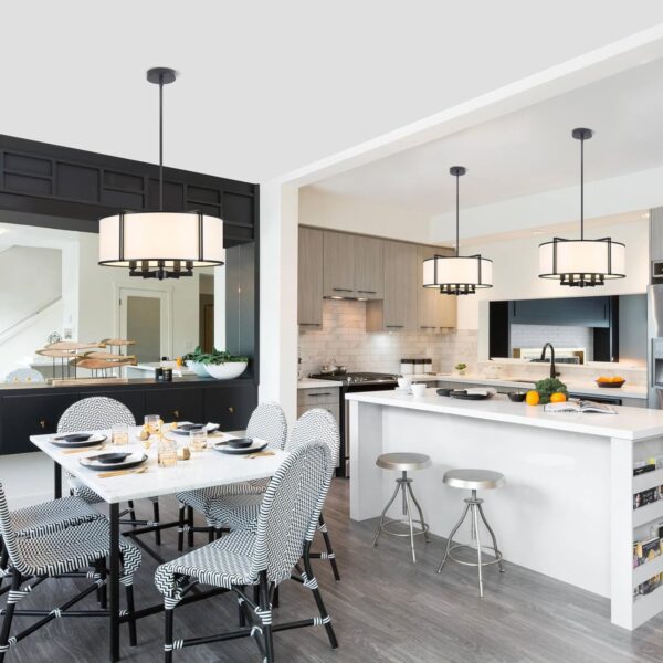 19.6'' Black Drum Chandelier 5-Light Modern White Fabric Chandeliers for Dining Room Adjustable Farmhouse Pendant Light Fixture for Kitchen Island Living Room Bedroom - Image 4