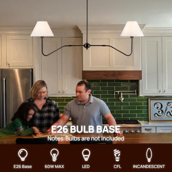 2-Light Modern Linear Chandelier for Dining Room, 55 Inch Farmhouse Kitchen Island Lighting with White Fabric Shades, Hanging Lighting Fixtures for Living Room Bedroom - Image 7