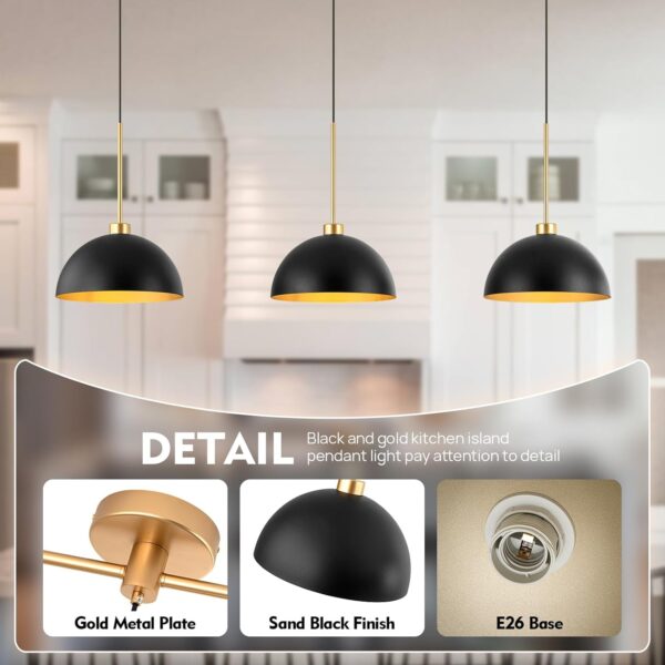 Farmhouse Pendant Lights, 3-Light Black and Gold Dome Pendant Light Fixtures,Industrial Kitchen Island Lighting for Dining Room Bar, E26 Base - Image 3