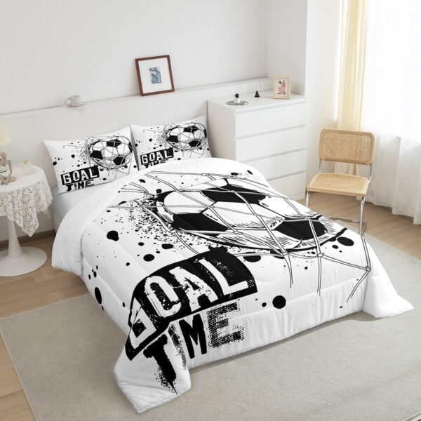 Erosebridal Kids Football Comforter Set Full Size American Soccer Bedding Set Sports Games Duvet Sets for Boys Girls Children Teens Geometric Polygon Quilt for Bedroom, Black White - Image 4