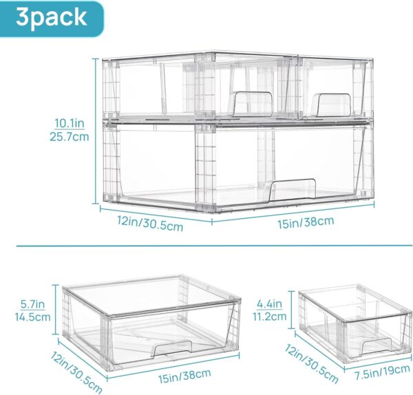 Vtopmart 3 Pack Stackable Storage Drawers, Easily Assemble Acrylic Bathroom Undersink Organizers,Clear Plastic Storage Bins for Closet,Cabinet,Pantry,Medicine Organization - Image 3