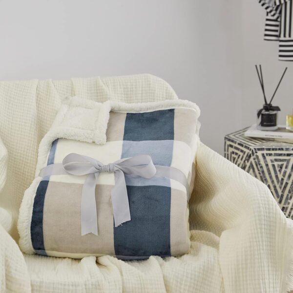 PU MEI Sherpa Fleece Throw Blanket 60" x 80" Reversible Plush Fluffy Large Big Blanket Lattice Flannel Blankets for Sofa Couch Bed (Grey-Soft Blue, 60"*80") - Image 7