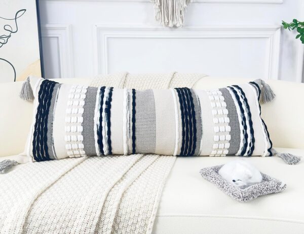 Chenille and Cotton Long Pillow for Bed, Striped Textured Boho Lumbar Throw Pillow Cover 16x36, Neutral Accent Decorative Extra Long Body Pillow Case for Couch, Sofa, Bedroom, Black and White - Image 2