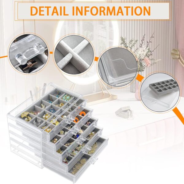 Acrylic Jewelry Box with 5 Drawers, Clear Earring Storage Organizer Display Case for Women Girls, Gray - Image 3