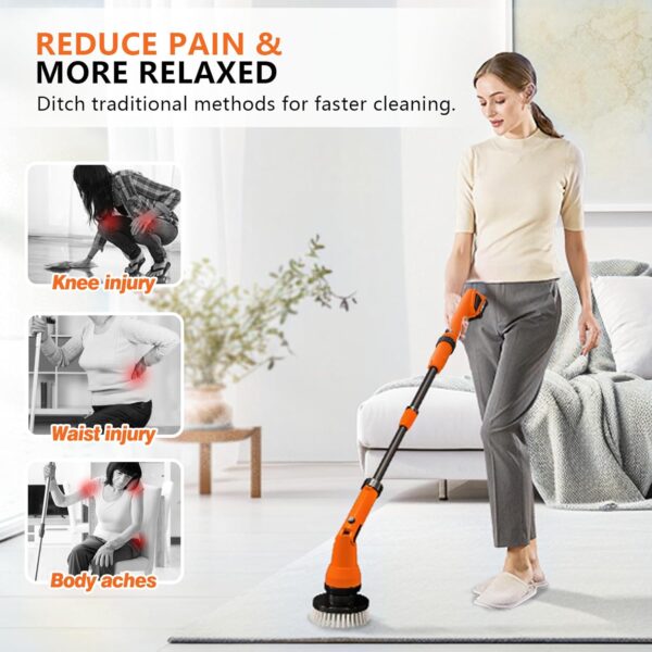 2 Battery Electric Spin Scrubber, 1000RPM Cordless Cleaning Brush Waterproof with 20V Power Supplied, Adjustable Extension Handle, 4 Replaceable Cleaning Heads, Hook, Gloves - for Tub/Tile/Wall/Floor - Image 3