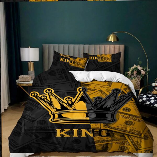 AILONEN Black and Gold King Crown Couple King Duvet Cover Set,3-Piece King and Queen Money Dollar Romantic Bedding Set for Adults Men Women,Bedroom Decor Soft Comforter Cover with 2 Pillowcases - Image 3