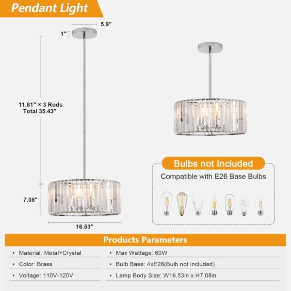 16.5" Chrome Crystal Chandeliers 4-Light Modern Drum Chandelier Flush Mount Round Ceiling Hanging Pendant Light Fixture for Kitchen Island Dining Room Foyer - Image 3