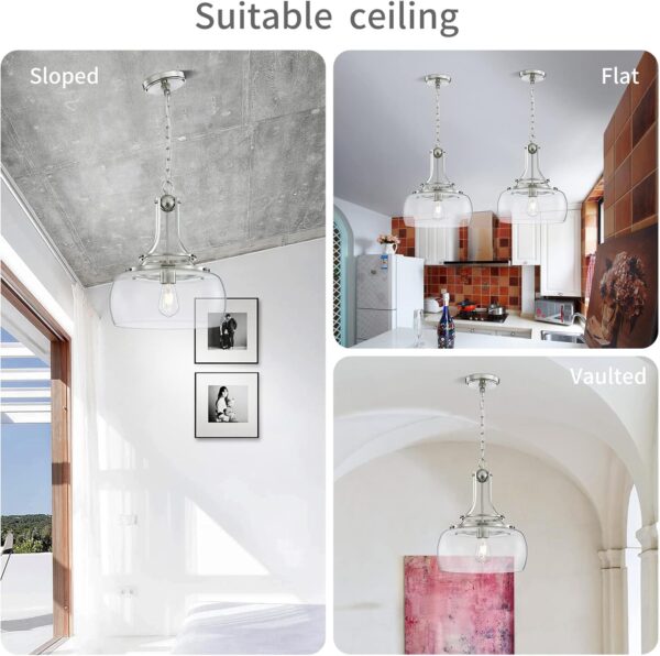WUZUPS Chandelier Rustic Farmhouse Industrial Round Ceiling Pendant LED Light Fixture with Clear Glass Shades for Dining Room Kitchen Island Foyer Entryway, H 17" x W 13.4", E26 Base, Brushed Nickel - Image 6