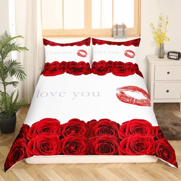 3D Red Rose Bedding Set Queen Size,Red Lip and Flowers Floral Print Duvet Cover Set for Children Bedroom Decor, Love Themed Valentine's Day for Couple Microfiber Comforter Cover with 2 Pillowcases - Image 2