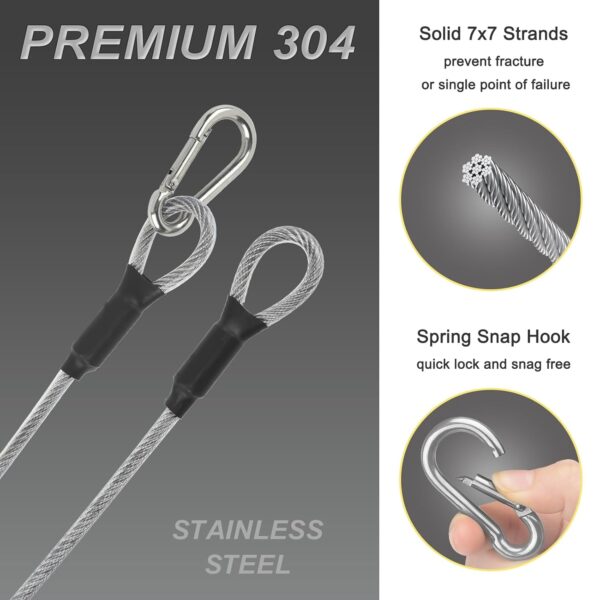1/8" Safety Cables 2ft Security Cable 304 Stainless Steel Wire Ropes with Carabiner Lock 50lb Load Capacity Falling Prevention for DJ Stage Light Luggage,2 Pack - Image 5