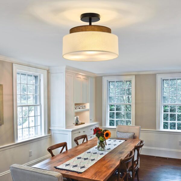 13" Double Drum 3-Light Semi Flush Mount Ceiling Light Fixture Farmhouse Fabric Chandelier with Linen Shade Rustic Black Ceiling Lamp for Bedroom Kitchen Dining Room Hallway Entryway - Image 8