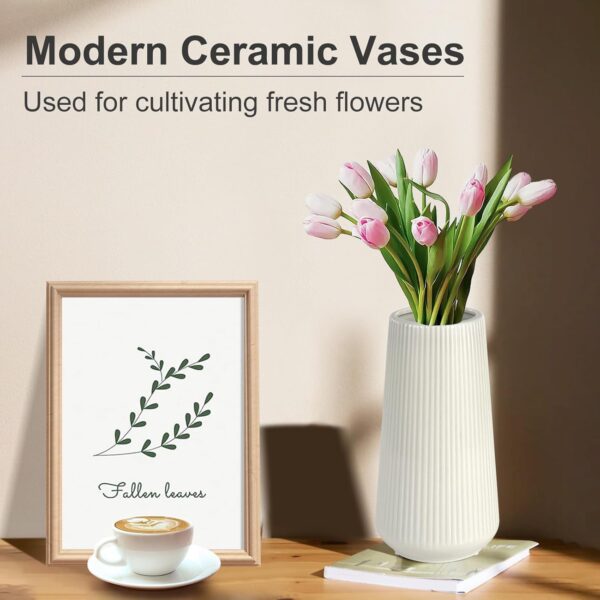 White Ceramic Vase for Flowers, Tall Home Decor Vase with Ribbed Texture, Vases for Centerpieces, Farmhouse Decor, Living Room, Decor Bedroom, Table, and Kitchen Shelf (XL White) - Image 3