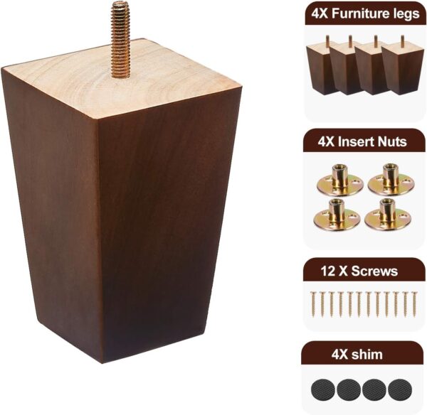 Wood Furniture Legs 4 inch Sofa Legs Set of 4,Square Brown Couch feet,Mid Century Chair Legs,Replacement Couch Legs, for Dresser Legs Sideboard Recliner Coffee Table - Image 5
