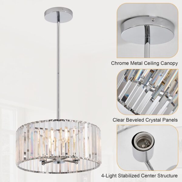 16.5" Chrome Crystal Chandeliers 4-Light Modern Drum Chandelier Flush Mount Round Ceiling Hanging Pendant Light Fixture for Kitchen Island Dining Room Foyer - Image 7