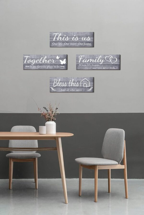 Joyhawk 4 Pieces Wall Decor Signs, THIS IS US, TOGETHER, BLESS THIS HOME, FAMILY Rustic Wooden Farmhouse Wall Art Décor For Living Room Bedroom Kitchen, , 4.7 x 13.8 Inch(Grey) - Image 9
