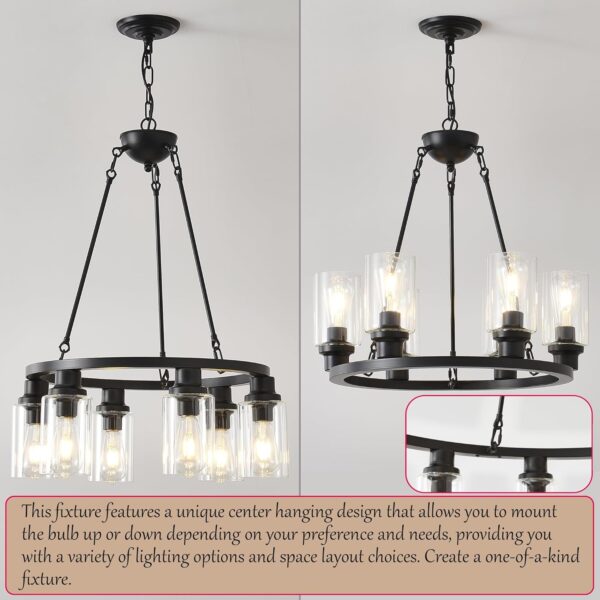 24“ Black Wagon Wheel Chandelier, 6-Light Farmhouse Glass Pendant Lights Kitchen Island Round Hanging Lighting fixtures Ceiling for Living Room, Dining Room, Kitchen Island, Entryway, Foyer - Image 2