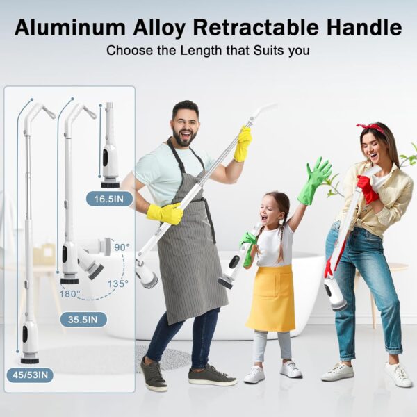 Electric Spin Scrubber, 2025 Upgraded Cordless Bathroom Scrubber, Aluminum Alloy Telescopic Handle, IPX7 Bathtub Electric Cleaning Tool, 3 Speeds Shower Cleaner Brush, 8 Brush Heads, LED Display - Image 2