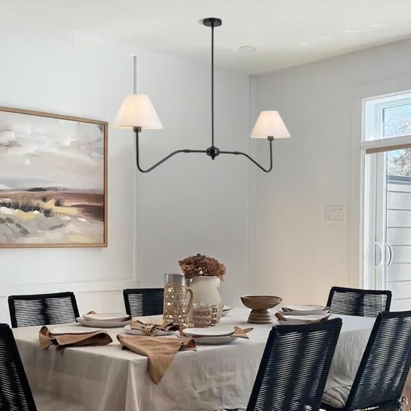 2-Light Modern Linear Chandelier for Dining Room, 55 Inch Farmhouse Kitchen Island Lighting with White Fabric Shades, Hanging Lighting Fixtures for Living Room Bedroom - Image 2