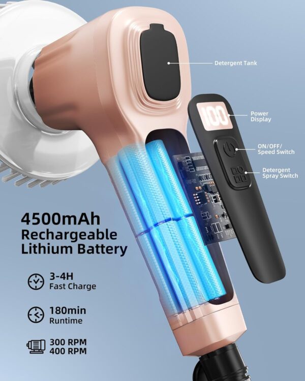 Electric Spin Scrubber,IP68 Professional Waterproof Spin Scrubber，5400mAh Battery Power Spin Scrubber, 51 inch Cordless Household Cleaning Brush with Automatic Water Spray(Pink) - Image 4