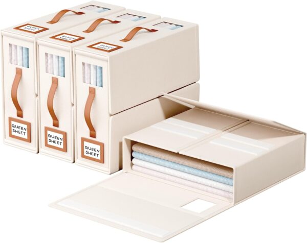 Foldable Bed Sheet Organizer for Easy Storage and Organization, 4-Pack Sheet Organizers and Storage Box for Bedsheets, Towels, Pillows, Blankets, Duvets (Beige)