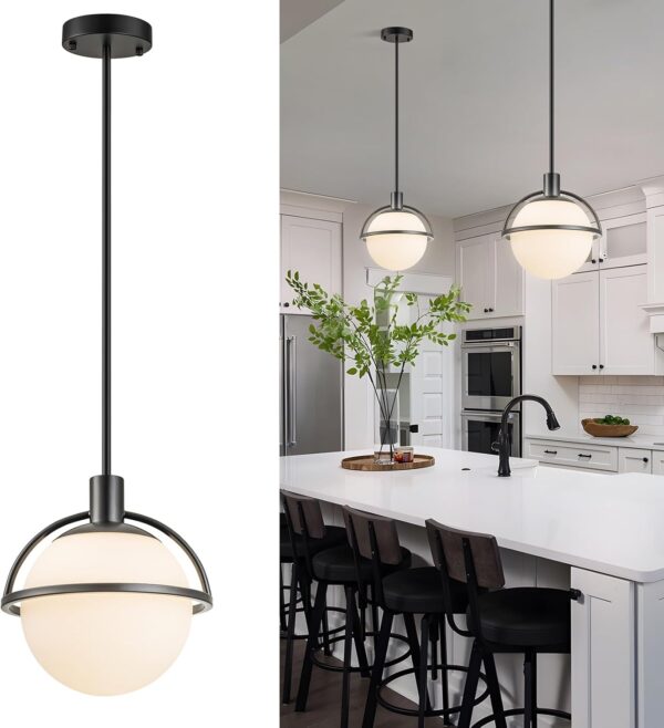 Glass Pendant Lights Kitchen Island Hanging Lamps 9.65" Mid Century Chandelier Black Modern Globe Chandelier Lights for Living Room Dining Room with Milk White Glass Globe,Adjustable Length