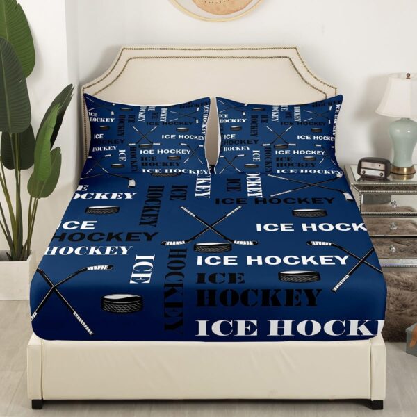Feelyou Boys Ice Hockey Fitted Sheet Twin Size Sports Hockey Pucks Print Bed Sheets for Kids Teens Girls Ball Gamer Decorations Bedding Set Blue Sheets Set Bedroom All Season 1 Pillowcase - Image 2