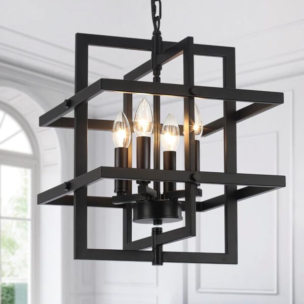 Modern Black Chandelier Rectangle Industrial Chandeliers Dining Room Hanging Pendant Light Fixtures for Kitchen Island Living Room Bedroom Foyer Height Adjustable