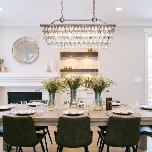 Wellmet Dining Room Crystal Chandelier, 30 Inch Antique Silver Rectangle Chandeliers Over Table, 4 Lights Farmhouse Kitchen Island Lighting, Vintage Crystal Chandelier Light Fixture for Living Room - Image 2
