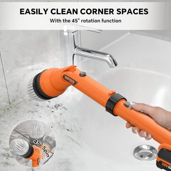 2 Battery Electric Spin Scrubber, 1000RPM Cordless Cleaning Brush Waterproof with 20V Power Supplied, Adjustable Extension Handle, 4 Replaceable Cleaning Heads, Hook, Gloves - for Tub/Tile/Wall/Floor - Image 6