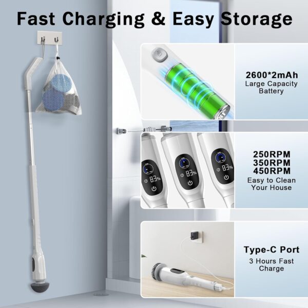Electric Spin Scrubber, 2025 Upgraded Cordless Bathroom Scrubber, Aluminum Alloy Telescopic Handle, IPX7 Bathtub Electric Cleaning Tool, 3 Speeds Shower Cleaner Brush, 8 Brush Heads, LED Display - Image 3