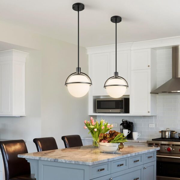 Glass Pendant Lights Kitchen Island Hanging Lamps 9.65" Mid Century Chandelier Black Modern Globe Chandelier Lights for Living Room Dining Room with Milk White Glass Globe,Adjustable Length - Image 2