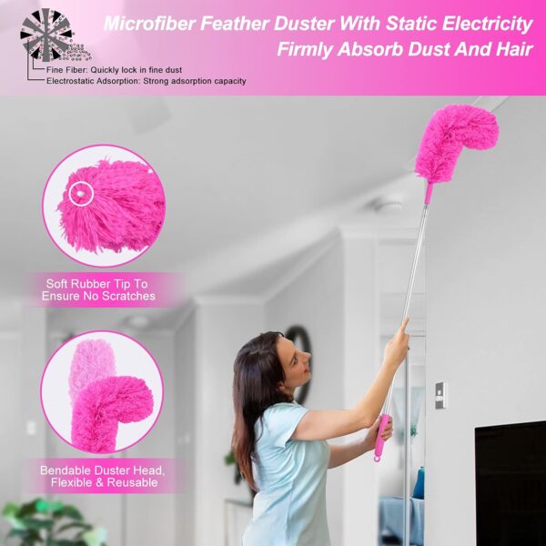 15PCS Microfiber Feather Duster Set Bendable & Washable with 100-inch Extension Pole Dusters for Cleaning High Ceiling Fan, Blinds, Cars, Furniture, Cleaning Tools Kit for Women - Image 3