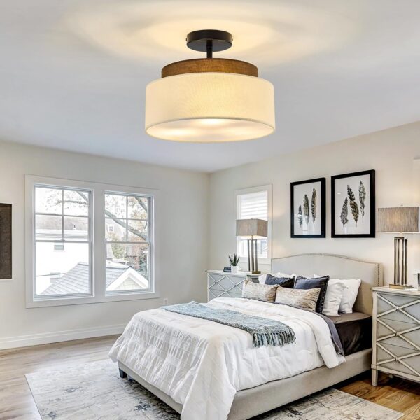 13" Double Drum 3-Light Semi Flush Mount Ceiling Light Fixture Farmhouse Fabric Chandelier with Linen Shade Rustic Black Ceiling Lamp for Bedroom Kitchen Dining Room Hallway Entryway - Image 6