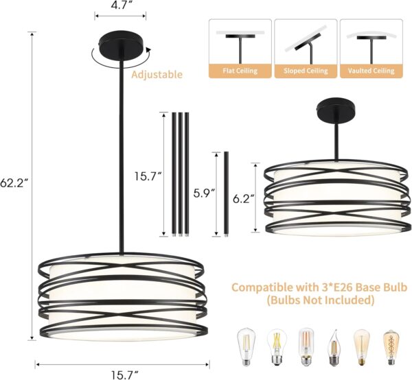 16" Black Drum Pendant Lighting Kitchen Island 3-Light Modern Farmhouse Chandelier with White Fabric Shade Rustic Hanging Light Fixtures for Dining Room Hallway Bedroom Foyer - Image 7