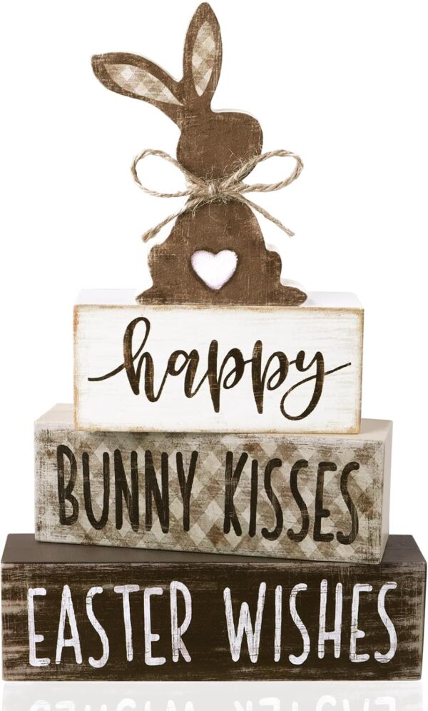 4Pcs Easter Tabletop Decorations Bunny Wooden Block Signs Gift Rustic Easter Tiered Tray Decor Happy Easter Centerpiece Farmhouse Wood Rabbit Table Sign for Kitchen Home Office Party Decor