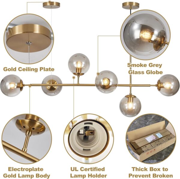 KCO Modern Globe Sputnik Chandelier, 6-Light Gold Linear Pendant for Kitchen Island, Dining Room, Living Room - Smoke Gray Glass, Mid Century Style - Image 3