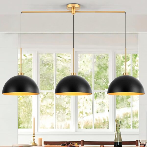 Farmhouse Pendant Lights, 3-Light Black and Gold Dome Pendant Light Fixtures,Industrial Kitchen Island Lighting for Dining Room Bar, E26 Base