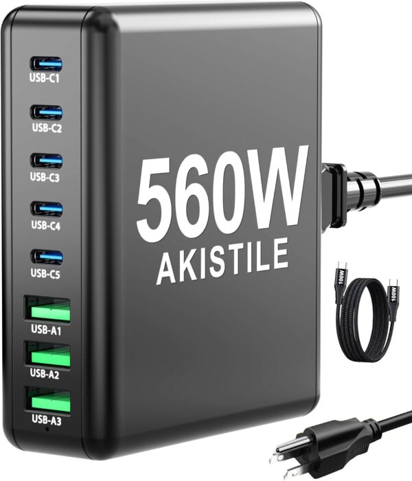USB C Charger Block, 560w GaN 8 Ports USB C Fast Charger, Desktop Multi Port Charging Station with 100w Charging Cable for Home Office, Compatible with iPhone 15/14/13 (Black, 560)