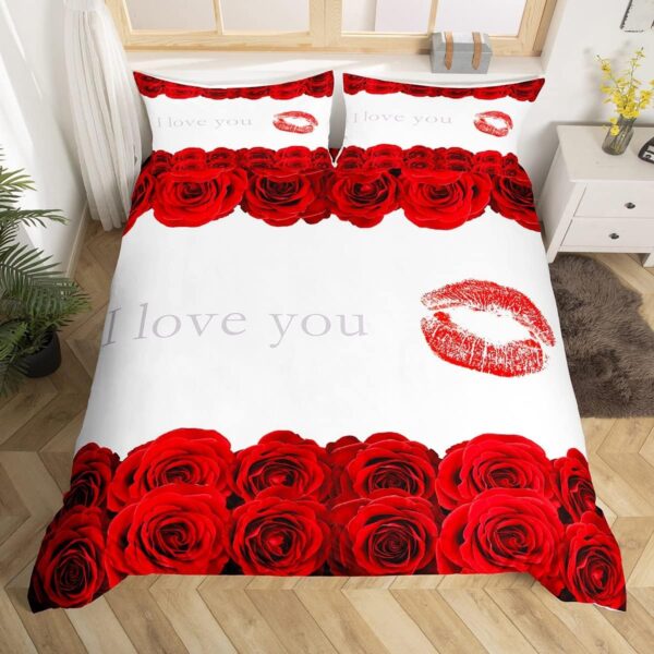 3D Red Rose Bedding Set Queen Size,Red Lip and Flowers Floral Print Duvet Cover Set for Children Bedroom Decor, Love Themed Valentine's Day for Couple Microfiber Comforter Cover with 2 Pillowcases