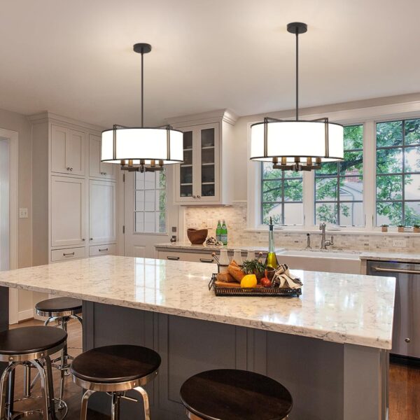 19.6'' Black Drum Chandelier 5-Light Modern White Fabric Chandeliers for Dining Room Adjustable Farmhouse Pendant Light Fixture for Kitchen Island Living Room Bedroom - Image 5