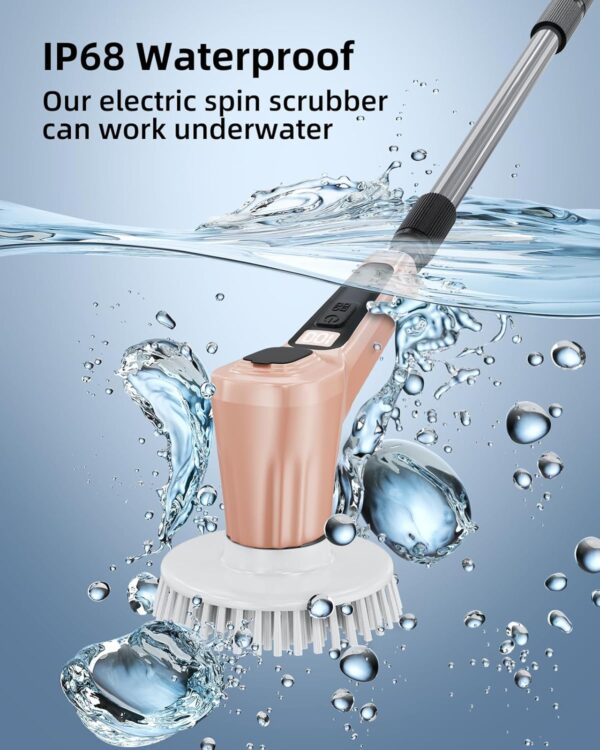 Electric Spin Scrubber,IP68 Professional Waterproof Spin Scrubber，5400mAh Battery Power Spin Scrubber, 51 inch Cordless Household Cleaning Brush with Automatic Water Spray(Pink) - Image 3