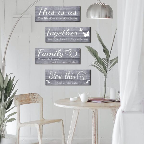 Joyhawk 4 Pieces Wall Decor Signs, THIS IS US, TOGETHER, BLESS THIS HOME, FAMILY Rustic Wooden Farmhouse Wall Art Décor For Living Room Bedroom Kitchen, , 4.7 x 13.8 Inch(Grey) - Image 5