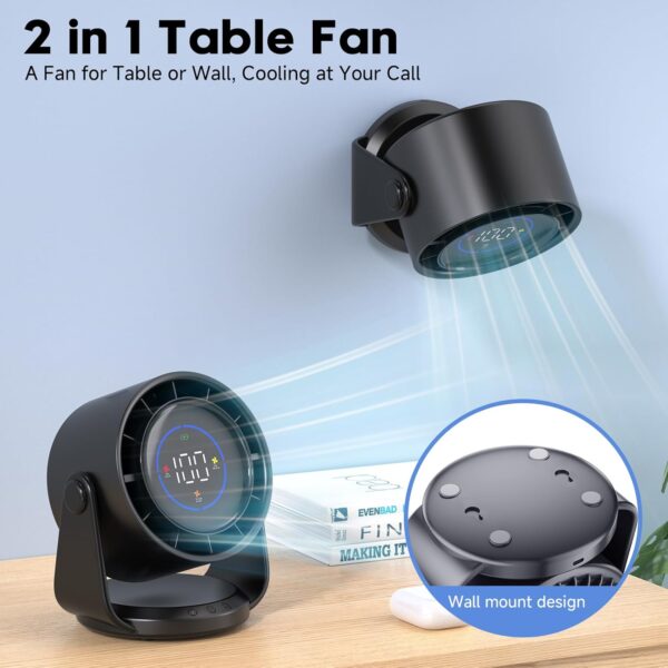 Table Fans, Ultra Quiet Wall-Mounted Desk Fan, Digital Display Rechargeable USB Fan, 105°Tilt, 100 Speeds, Long Lasting Power, Portable Fan for Home Office Kitchen Travel Camping - Image 2