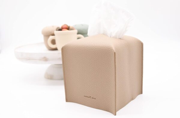 Tissue Box Cover Holder, Square with Bottom Belt by Carrot's Den - PU Leather Decorative Organizer for Tabletop, Bathroom, Car, Office | Beige - Image 3