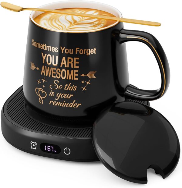 Coffee Mug Warmer & You are Awesome Mug Set, Electric Cup Warmer for Desk Office Home, Beverage Warmer with 4 Temperature Setting, 8-Hours Auto Shut Off, Best Birthday Present Ideas for Women Man
