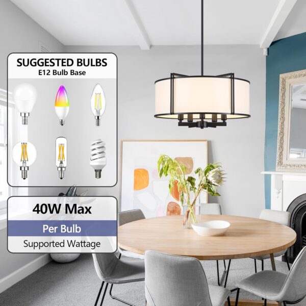 19.6'' Black Drum Chandelier 5-Light Modern White Fabric Chandeliers for Dining Room Adjustable Farmhouse Pendant Light Fixture for Kitchen Island Living Room Bedroom - Image 2