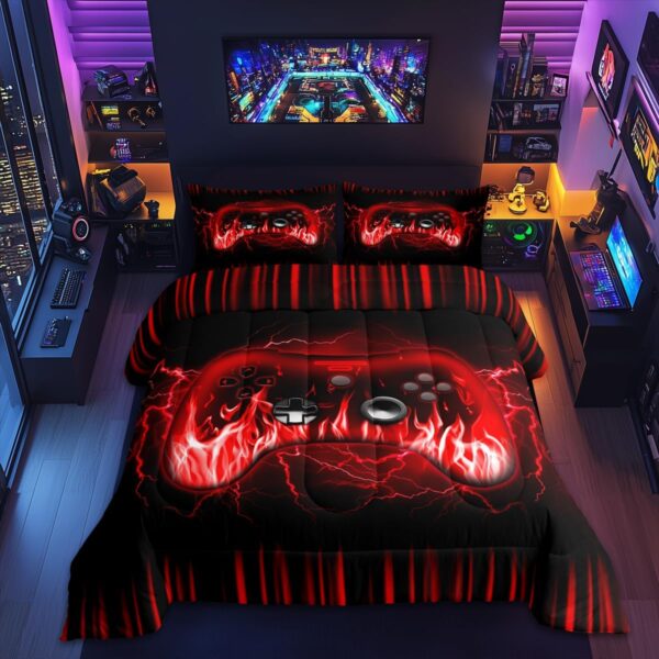 Feelyou Kids Gaming Comforter Set,Boys Gamer Bedding Set Full Size,Teens Bedroom Room Decor,Red and Black Game Contoller Comforter,Geometric Fire Ombre Game Bed Set All Season for Game Lovers