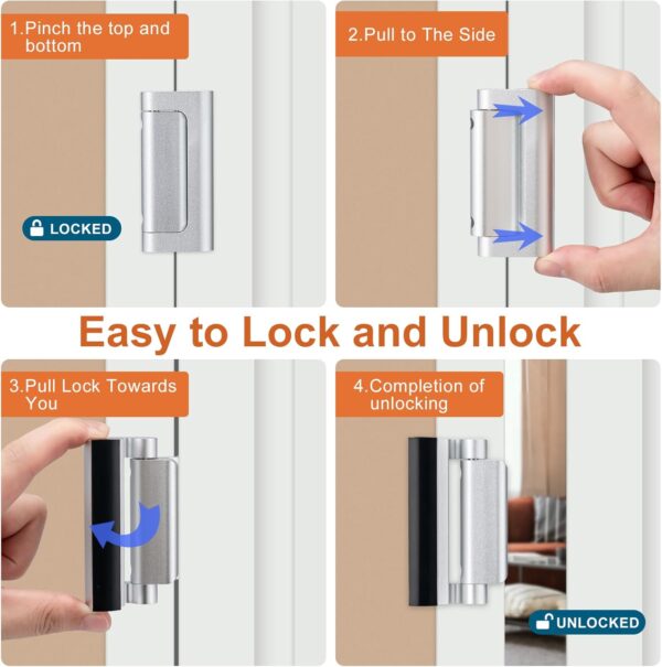 2 Pack Home Security Door Lock,Childproof Door Reinforcement Lock,with 3" Stop Withstand 800 lbs,for Inward Swing Doors,Night Kids Safety Metal Flip Lock Deadbolt Latch (Silver) - Image 5